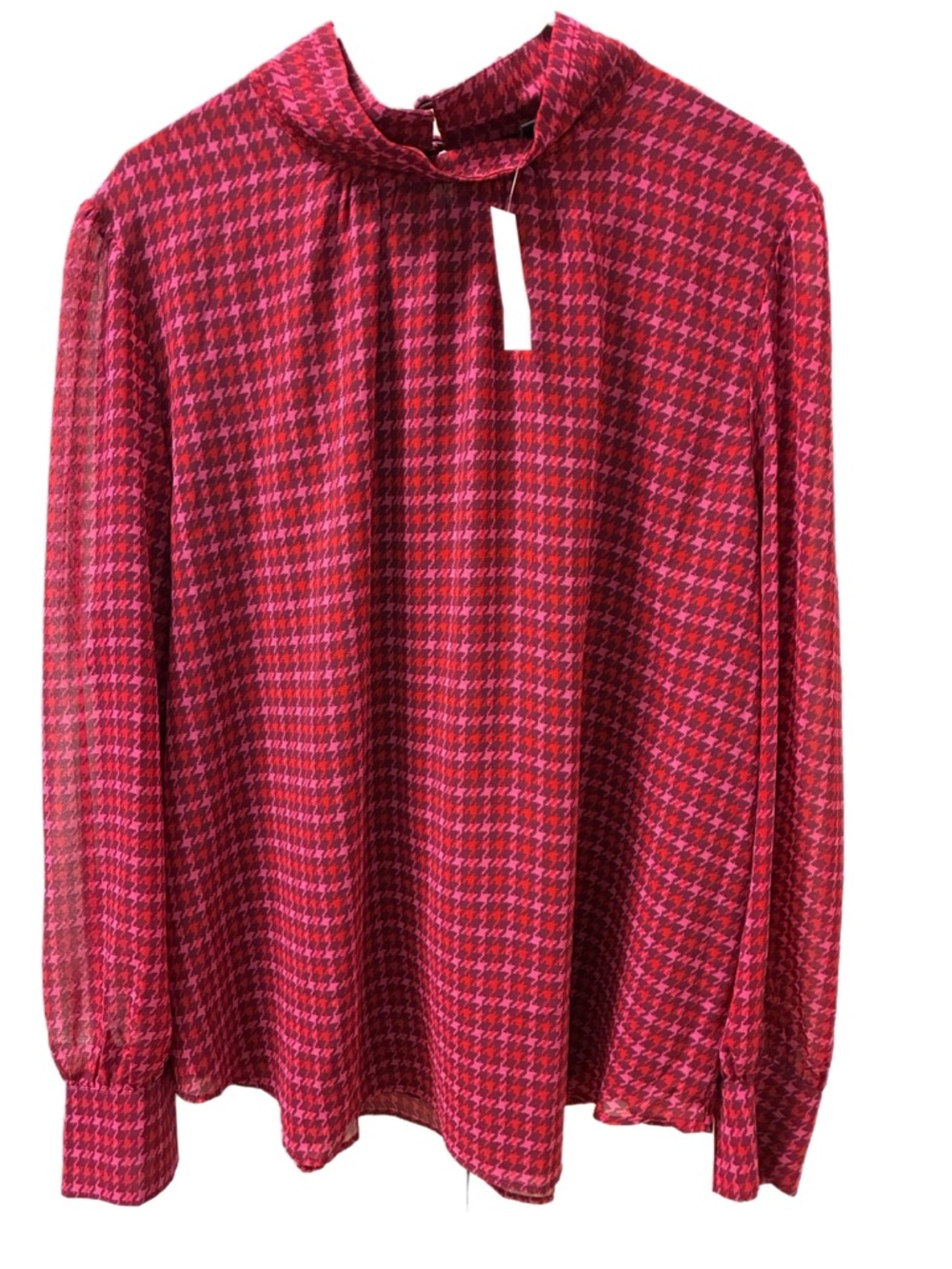 Ann Taylor Red and Pink Houndstooth Mock-Neck Blouse XXL